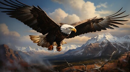 Obraz premium Majestic eagle soaring over mountain landscape nature art scene