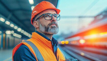 railway engineer wearing orange hard hat and reflective vest, inspecting train tracks with thoughtful expression. background shows train approaching
