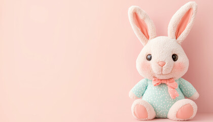 Fototapeta premium soft stuffed bunny toy with cute expression, cozy against light pink background, perfect for children decor or as gift