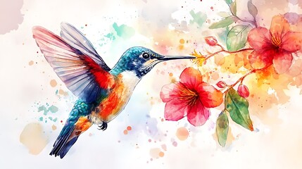 Hummingbird feeding on flowers nature art colorful illustration