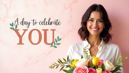 Woman with a bouquet of flowers on a pink background.Accompanying message &ldquo;A day to celebrate you&rdquo; to promote events,campaigns or offers celebrating women. Ideal for seasonal promotions