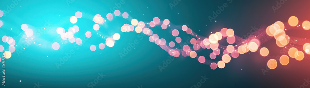 Poster vibrant teal background with colorful bokeh lights creating dynamic wave effect. soft glow and shimm
