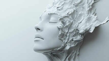 Serene Abstract Sculpture: A 3D Render of a Woman's Face Emerging from Fluid Forms