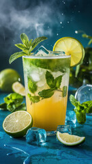 Fototapeta premium Refreshing Lime Mojito Cocktail Ice, Mint, and Lime, Water Droplets 