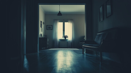 シックでモダンな暗いの部屋の、観葉植物と窓からの光が美しいスペース。在宅仕事、オンラインセミナー、Zoom、打ち合わせ、SNS、動画の背景としてお使いいただけます。