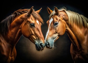 Fototapeta premium Classic equine close-up, stark black backdrop, vintage feel. Intense gaze.