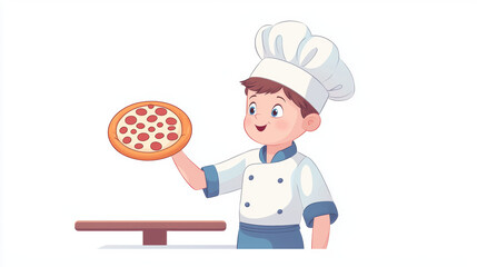 cheerful child chef proudly holds freshly baked pizza, showcasing his culinary skills. bright colors and playful design create fun atmosphere in kitchen