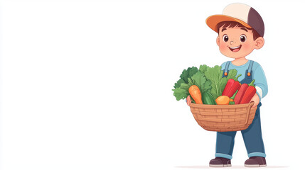 cheerful child holding basket of fresh vegetables, wearing cap and overalls, embodies joy of farming and healthy eating. This playful scene captures essence of childhood imagination and nature