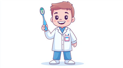 cheerful child dressed as dentist holds toothbrush, showcasing playful spirit. This cartoon character embodies fun and creativity in dental theme