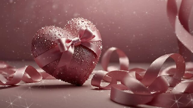 Pink heart wrapped in ribbon with sparkles to welcome Valentine's Day. Seamless 4K looping timelapse video animation background