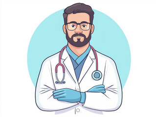 Fototapeta premium cartoon doctor wearing lab coat and gloves stands confidently with arms crossed. background is soft blue circle, enhancing professional appearance