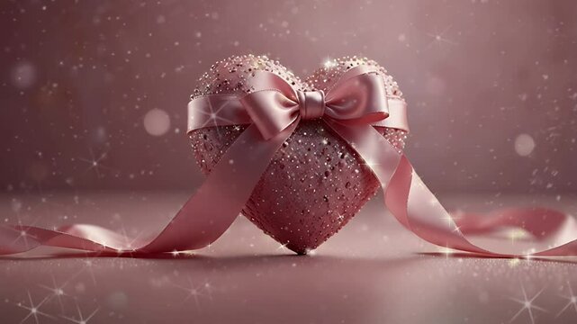 Pink heart wrapped in ribbon with sparkles to welcome Valentine's Day. Seamless 4K looping timelapse video animation background