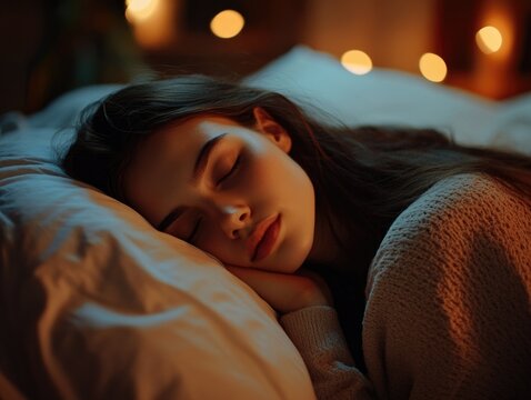 A young woman resting peacefully in bed, wearing a cozy knit top. - Powered by Adobe