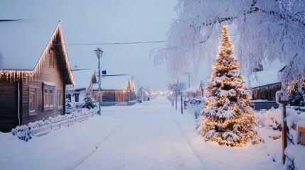 Fototapeta premium Christmas scene in a Belarusian village, featuring snow-covered rooftops adorned with elegant garlands and soft lights, a beautifully decorated Christmas tree, tranquil snowy landscape with wooden