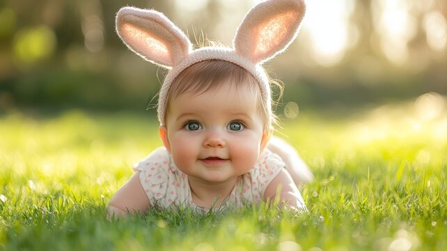close up of funny baby girl wearing rabitt ears lying on the grass outdoor
