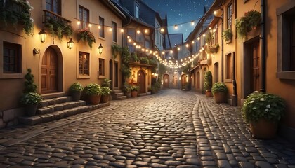 Obraz premium Charming Night Street Scene With Cobblestone Road And Fairy Lights