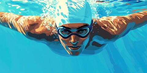 Fototapeta premium A person swimming in a pool, wearing goggles and a cap. They appear to be in motion during what could be a competition or training exercise.