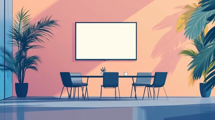 Modern Minimalist Office Interior Design with Palm Plants and Blank Screen