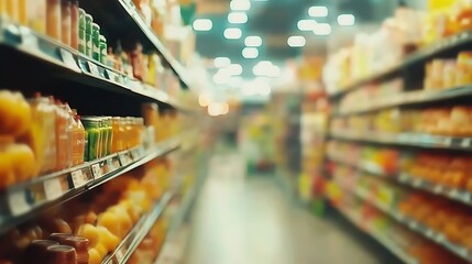 Fototapeta premium Blurred Grocery Store Background with Aisles and Products, Perfect for Food, Retail, and Shopping Themes