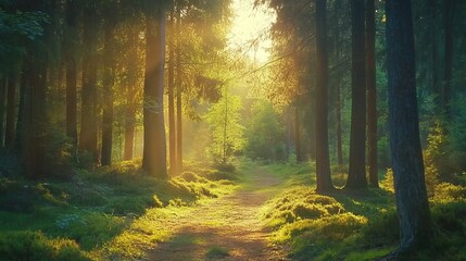 Fototapeta premium Serene sunset in dense forest with towering pine trees and a winding path. Beautiful natural landscape with golden sunlight filtering through the pines, perfect for nature background in wide format