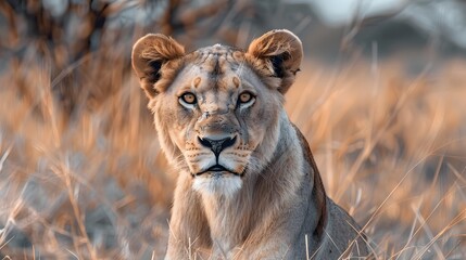 A portrait of a lion Leo searching at the camera isolated on a transparent background, in an...