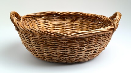 Obraz premium Empty brown wicker basket with handles on white background.