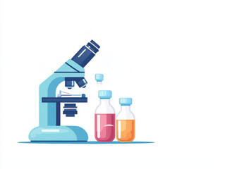 microscope with colorful vials on table, representing laboratory research and experimentation. scene conveys sense of scientific exploration and discovery