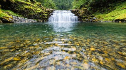 Serene Waterfall Cascading Over Green Stones in Vibrant Landscape
