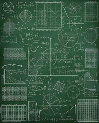 Fototapeta premium Comprehensive Mathematical Concepts on a Chalkboard: Equations, Geometric Shapes, Graphs, and Calculations Highlighting Advanced Problem-Solving, Education, and Mathematical Exploration in a Classroom