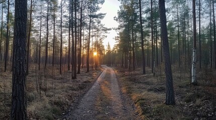 Fototapeta premium Serene sunset in dense forest with towering pine trees and a winding path. Beautiful natural landscape with golden sunlight filtering through the pines, perfect for nature background in wide format