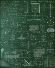 Fototapeta premium Comprehensive Mathematical Concepts on a Chalkboard: Equations, Geometric Shapes, Graphs, and Calculations Highlighting Advanced Problem-Solving, Education, and Mathematical Exploration in a Classroom
