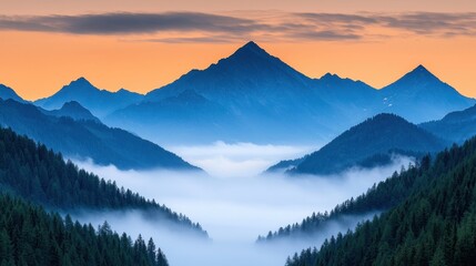 Obraz premium Serene Mountain Landscape with Mist and Vibrant Sunset Sky