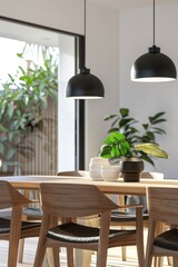 This modern dining room features a minimalist design with light wood furniture and black pendant lights. The white walls and indoor plants contribute to the contemporary feel of the space.