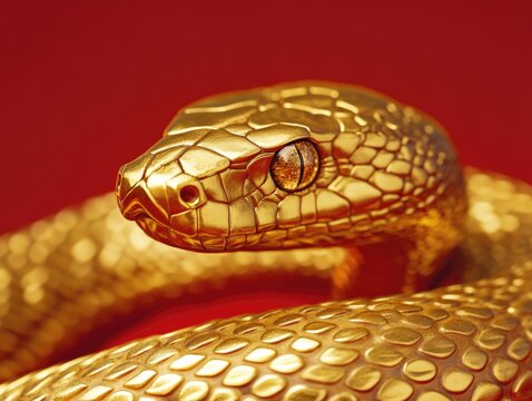 Gold-colored python snake with striking eye, set against a vibrant red background.