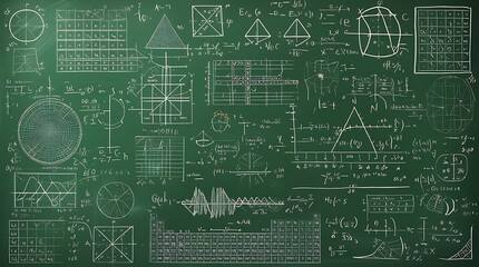 Fototapeta premium Comprehensive Mathematical Concepts on a Chalkboard: Equations, Geometric Shapes, Graphs, and Calculations Highlighting Advanced Problem-Solving, Education, and Mathematical Exploration in a Classroom