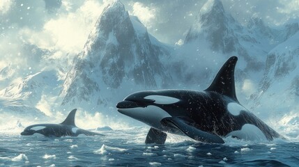 Obraz premium Two orcas swim in icy waters near snow-capped mountains.