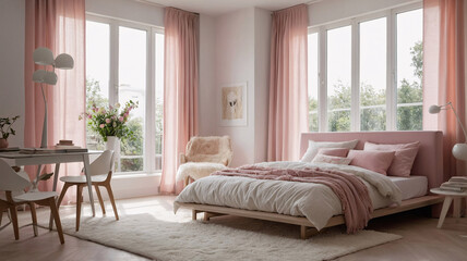 Fototapeta premium Designer modern pastel pink bedroom featuring cozy bed blanket pillow large window and luxurious high end decor accents