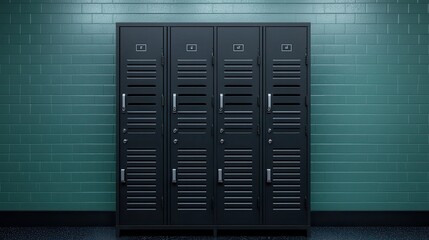 Black Metal Lockers Against Green Brick Wall in Modern Setting