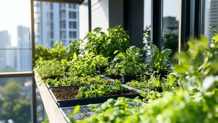 Fototapeta premium Lush Greenery in the Heart of the City: A Beautiful Urban Garden Showcasing Nature’s Bounty Amidst Tall Buildings and Bright Sunshine Creating a Refreshing Escape
