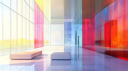 Cityscape with Glass Buildings and various mixed colors, Vibrant neon light hallway with colorful lighting, construction Building with Gradient Color and neon light effected glass.