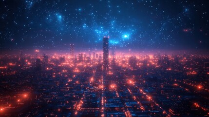 Fototapeta premium Neon Metropolis Under a Starry Sky: A Cyberpunk Dream.
