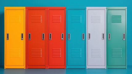 Colorful Row of Vintage School Lockers Against a Blue Wall