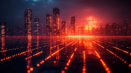 Fototapeta premium Futuristic City at Dusk: Glowing Towers and a fiery sky.