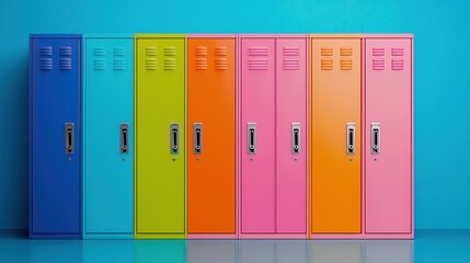 Colorful Lockers Against Vibrant Blue Wall in School Environment