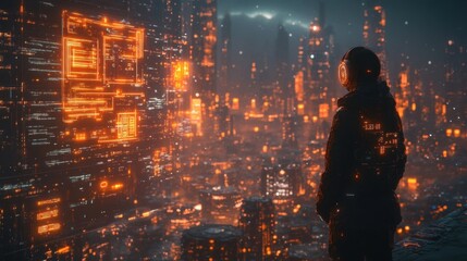 Fototapeta premium Neon Cityscape: A lone figure observes a futuristic metropolis bathed in warm, vibrant hues of orange and amber.