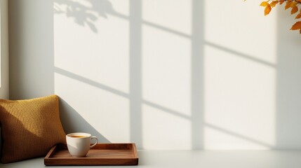Fototapeta premium Cozy Corner with Coffee Cup and Shadows on Minimalist Table