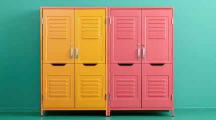 Colorful Metal Lockers in Bright Yellow and Pink Against Green Wall