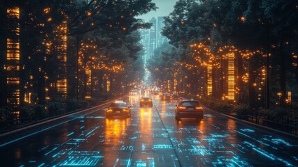 Obraz premium Neon-lit road, futuristic city, glowing trees, cars driving, rainy night, digital art.