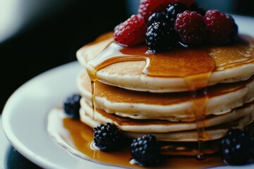Freshly made pancakes drizzled with honey and garnished with berries.