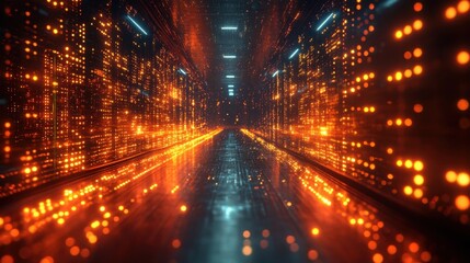 Journey into a glowing digital corridor, vibrant orange and teal lights illuminating the path.